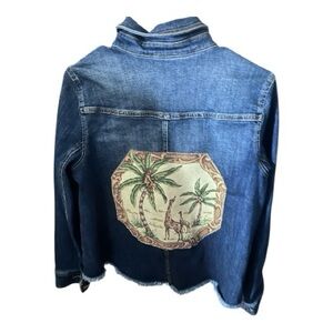 🦁 CAbi Upcycled Denim Jacket | Medium | Lion Appliqué & Safari Back Panel